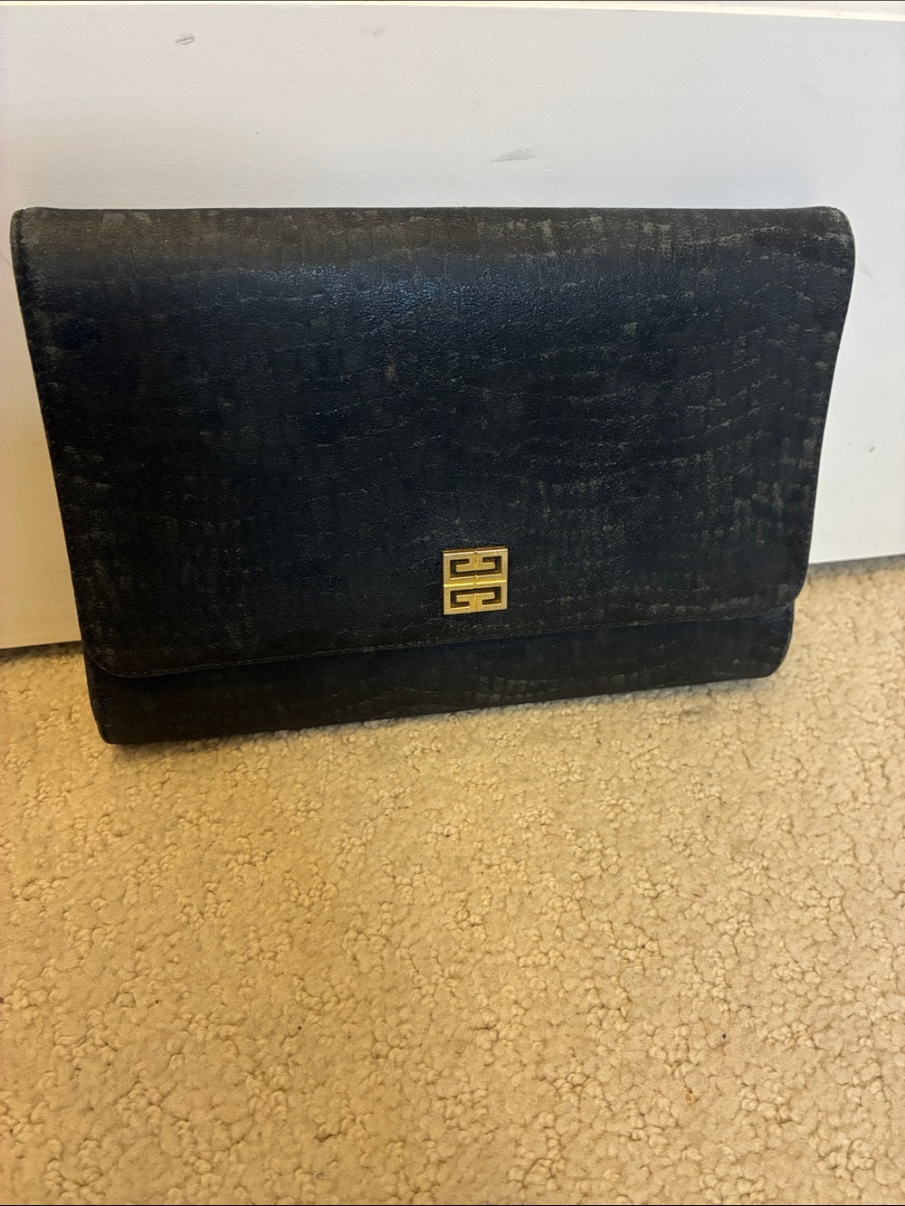 Vintage Givenchy Embossed Lizard Leather Flap Clutch Bag Black👝